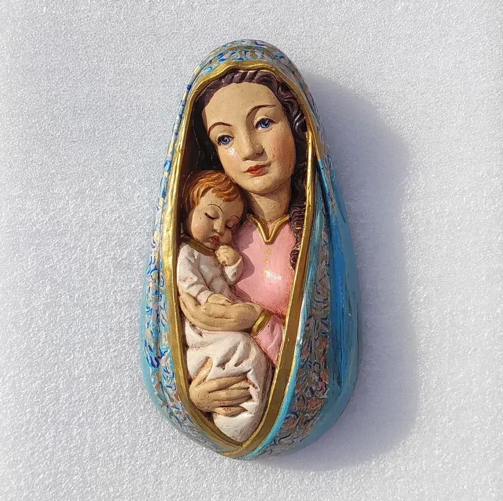 Reliéf Panna Marie s Jezulátkem, světle modrá - 27 cm