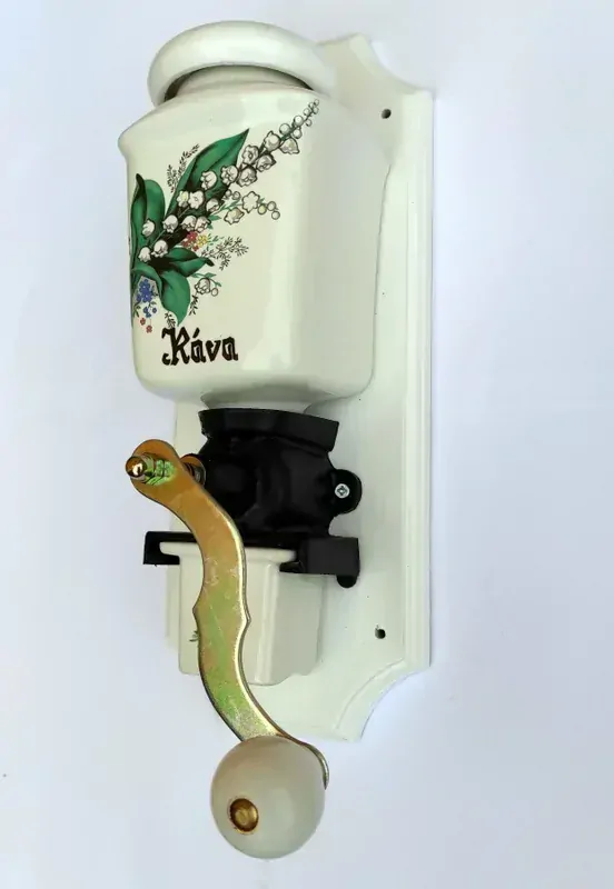 Ruční porcelánový mlýnek na kávu - konvalinky / bílé dřevo