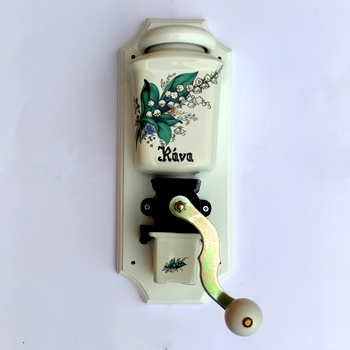 Ruční porcelánový mlýnek na kávu - konvalinky / bílé dřevo